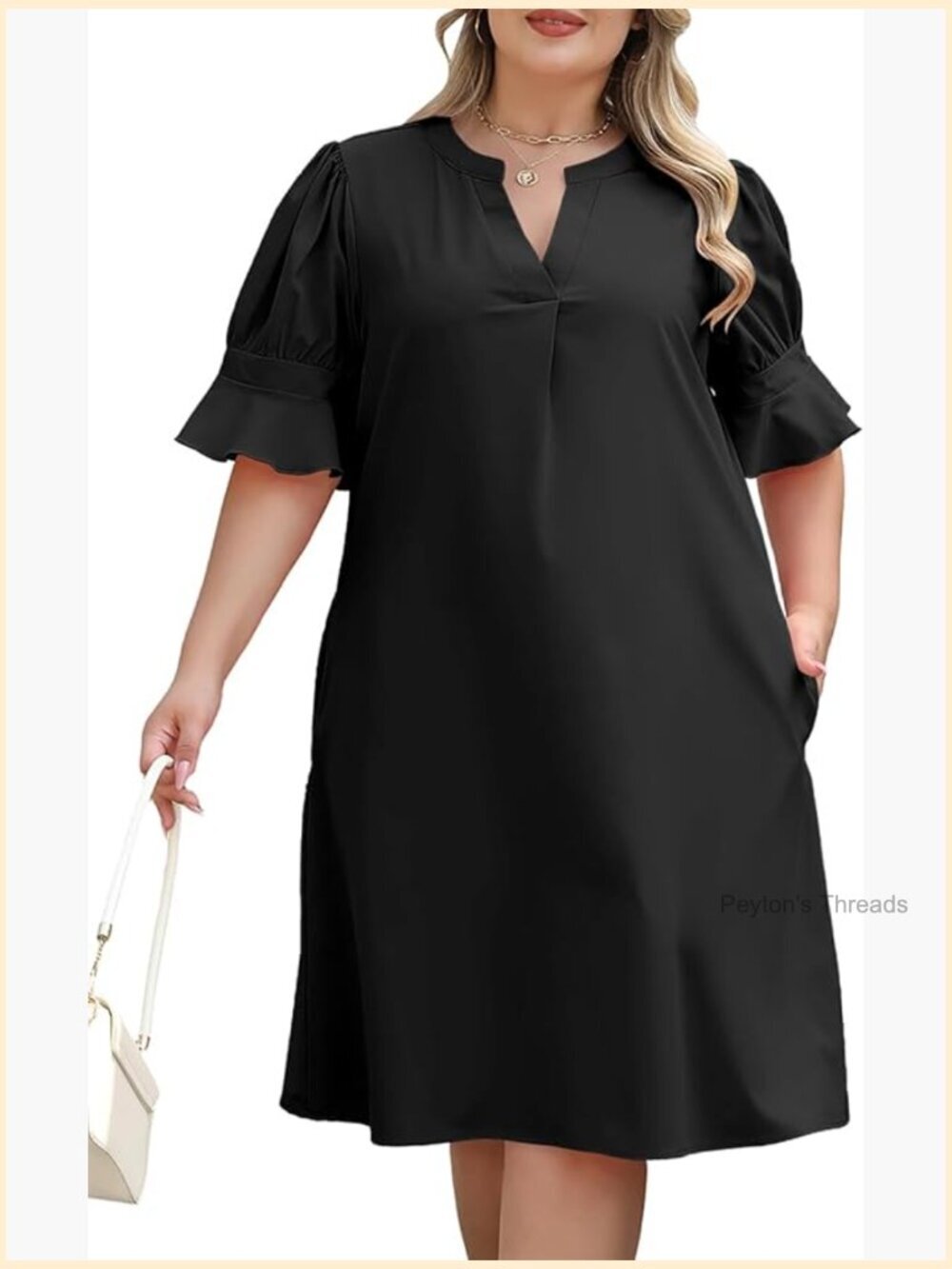Plus Size Shift Dress with Pockets V Neck Short Sleeve Ruffled Casual Day Dress